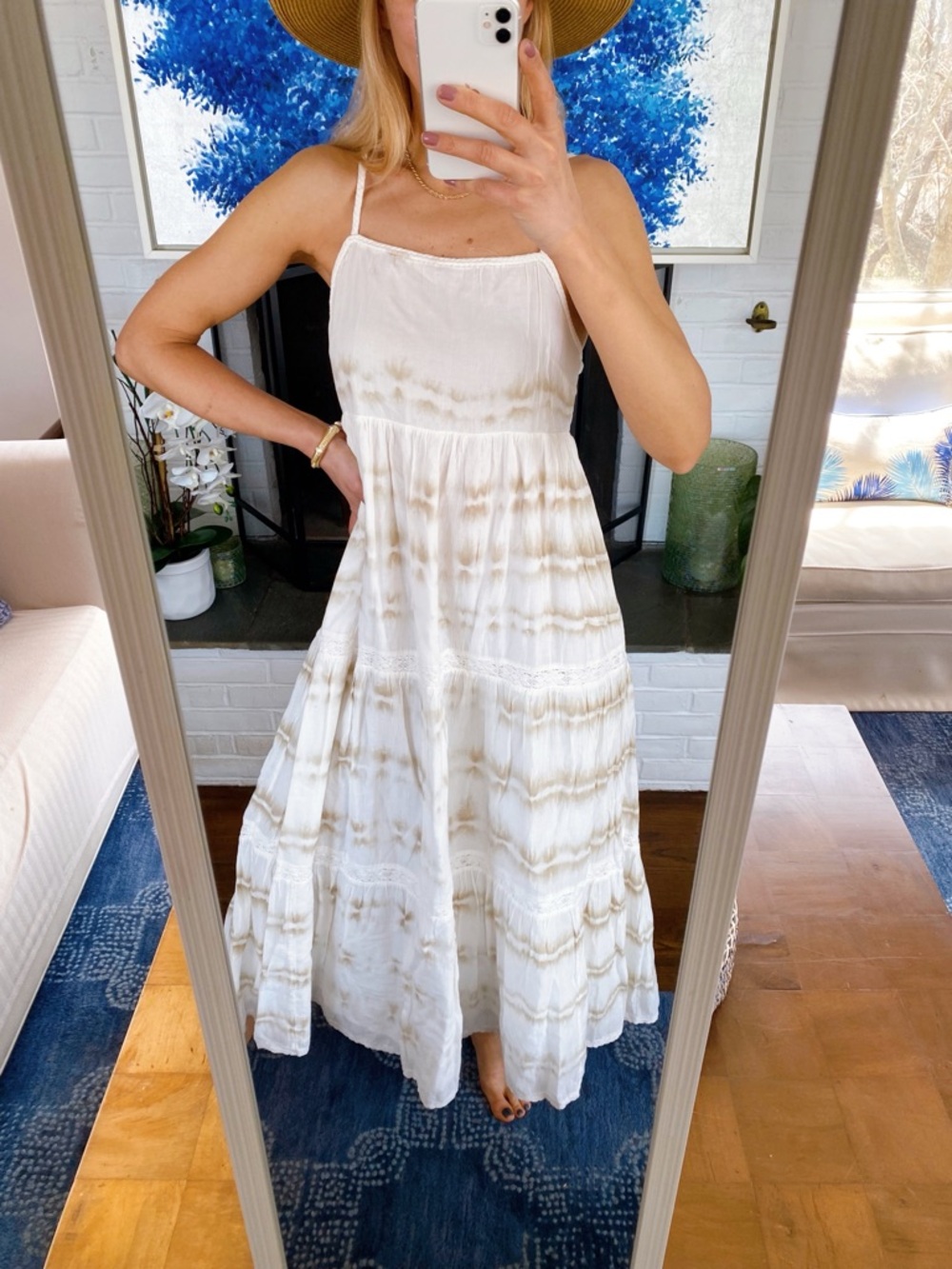 AERIE Off-White Cotton Maxi Dress with Beige Tie-Dye, Rope & Tassel Detail! 🐚 - Picture 6 of 17